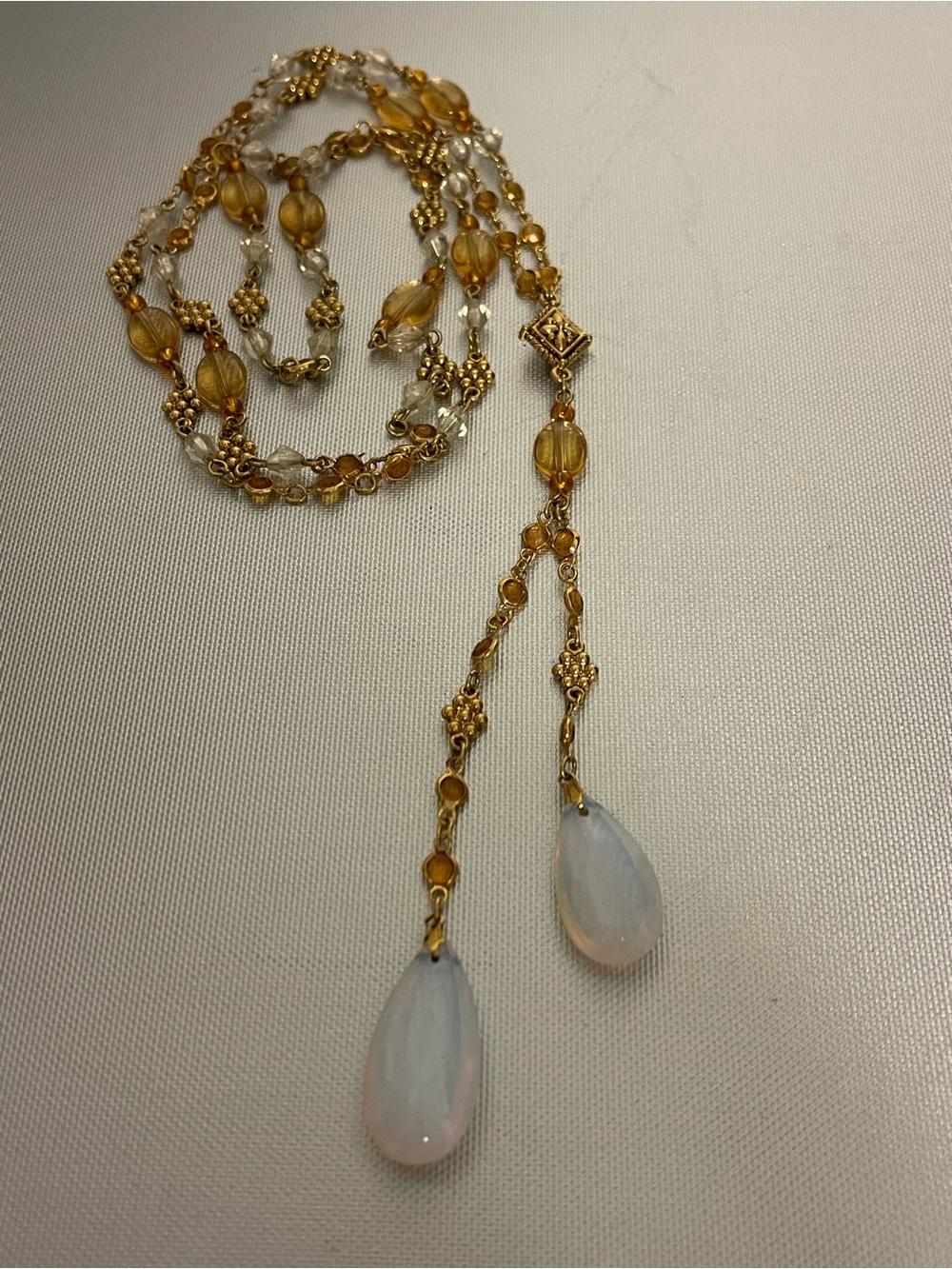 Vintage Gold-Tone Beaded Necklace w 2 Teardrop Opaline Glass Drop Pendant 23.5”L